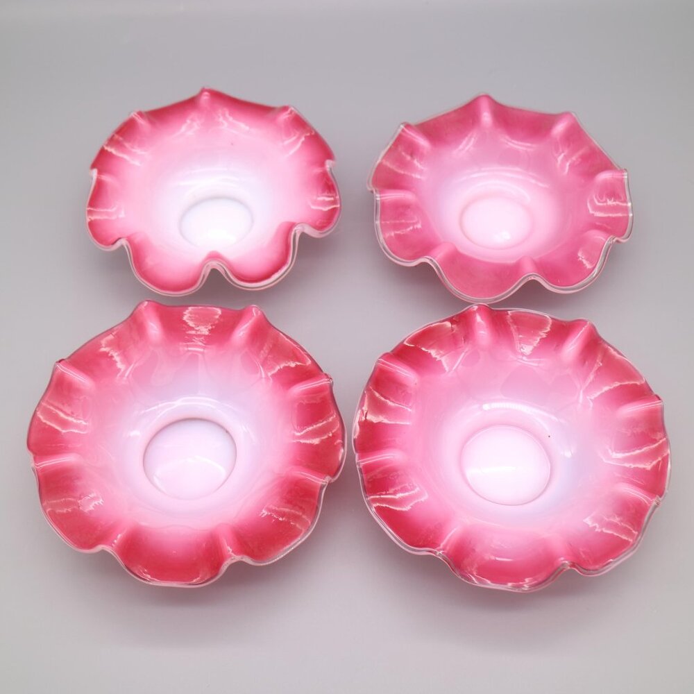 Antique Victorian Pink Cased Glass Ruffled Berry Bowls (Set of 4)